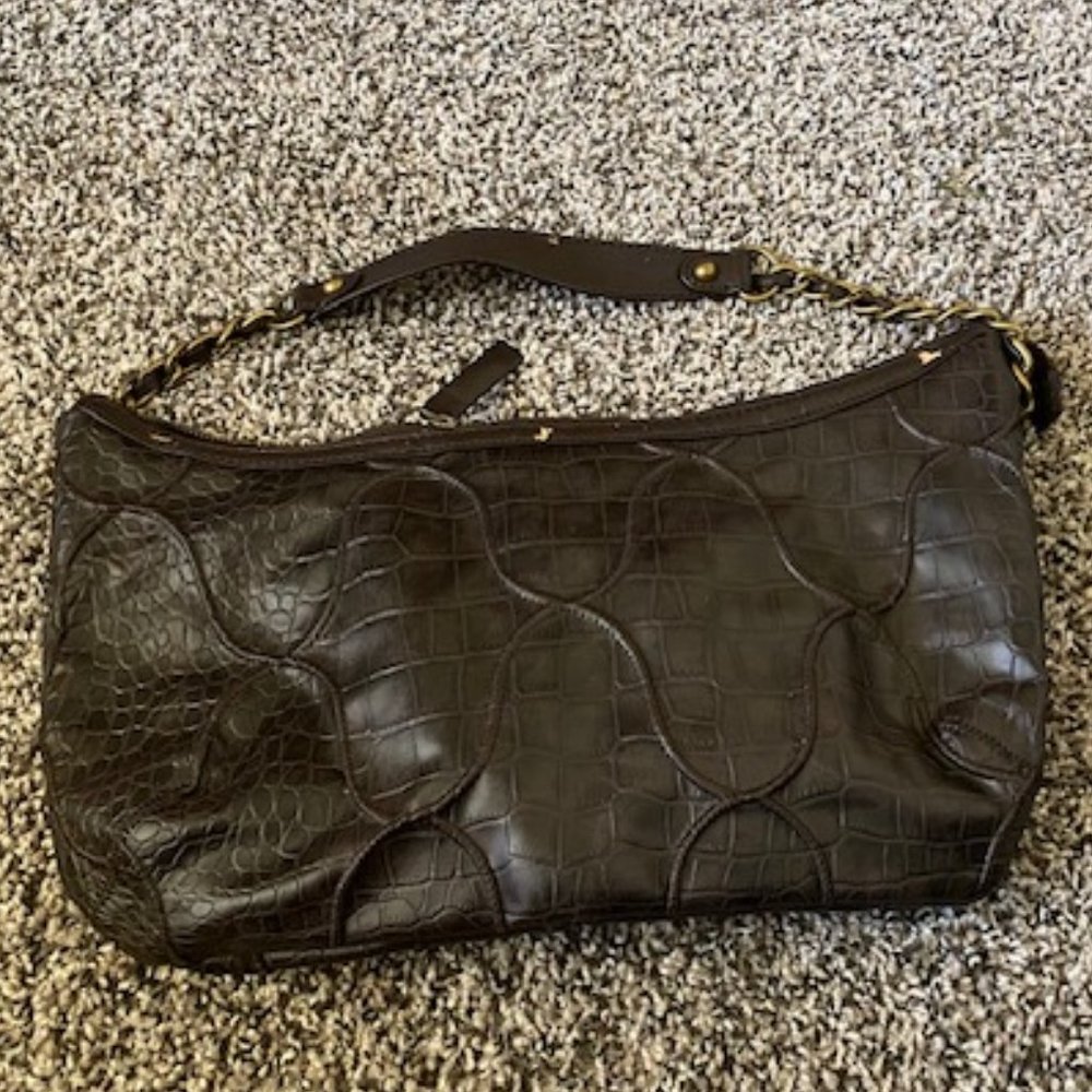 JESSICA SIMPSON Texture Faux Leather BROWN Purple PURSE Brass Strap PURPLE satin